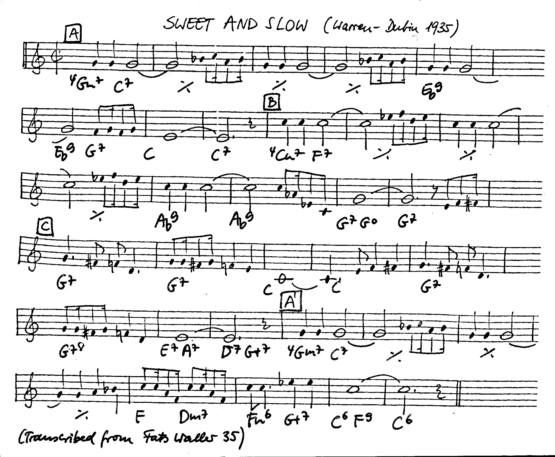 sweet and slow free jazz leadsheet - Courtesy of the Jungle Jazz Band